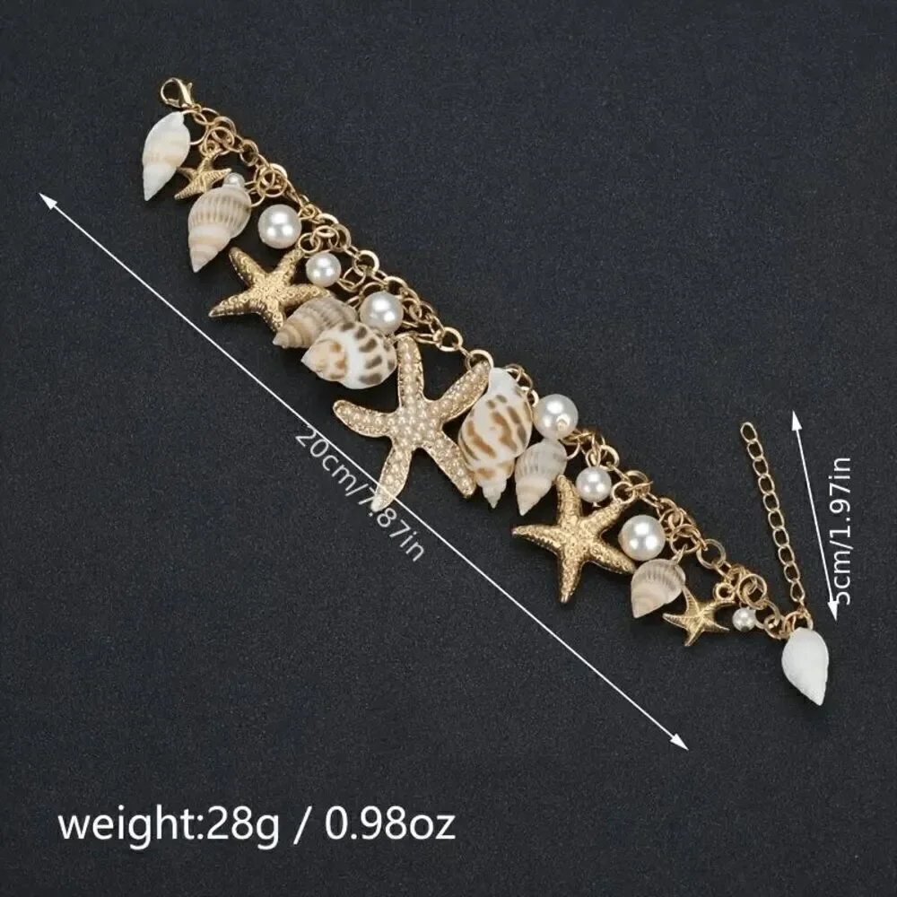 Chunky Golden Beach Starfish Concho Shell Pearl Bracelet or Anklet